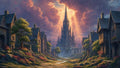 GRID THUMBNAIL — A medieval stone village lane leads toward a towering spired citadel, bathed in golden sunbeams beneath dramatic rose-coloured clouds and evening light.