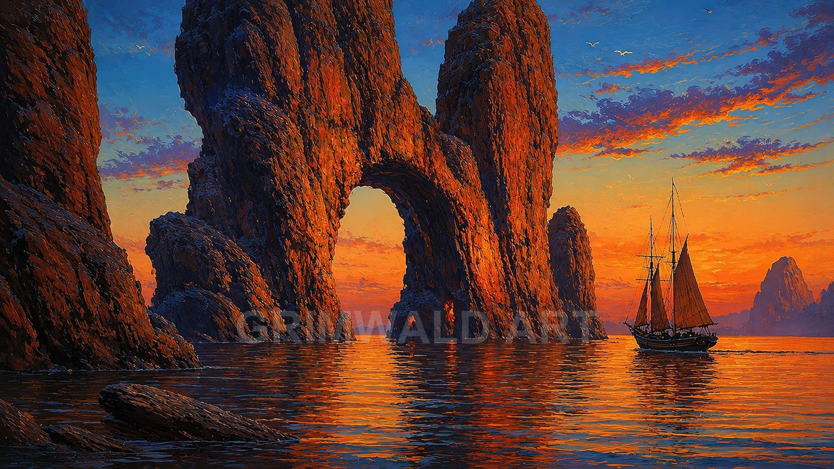 A tall natural sea arch towers above calm water at sunset, with a two-masted sailing ship passing nearby beneath glowing orange and blue skies.