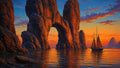 GRID THUMBNAIL — A tall natural sea arch towers above calm water at sunset, with a two-masted sailing ship passing nearby beneath glowing orange and blue skies.