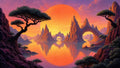 GRID THUMBNAIL — Surreal mountains with arching rock formations rise from a calm lake, framed by sculpted trees and a vast orange sun under a purple sky.