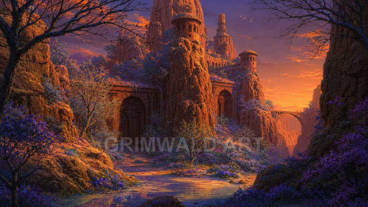 Ancient fortress ruins carved into red cliffs at sunset, with arched gates, round towers, a stone arch bridge, and a reflective pool amid purple plants.