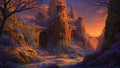 GRID THUMBNAIL — Ancient fortress ruins carved into red cliffs at sunset, with arched gates, round towers, a stone arch bridge, and a reflective pool amid purple plants.