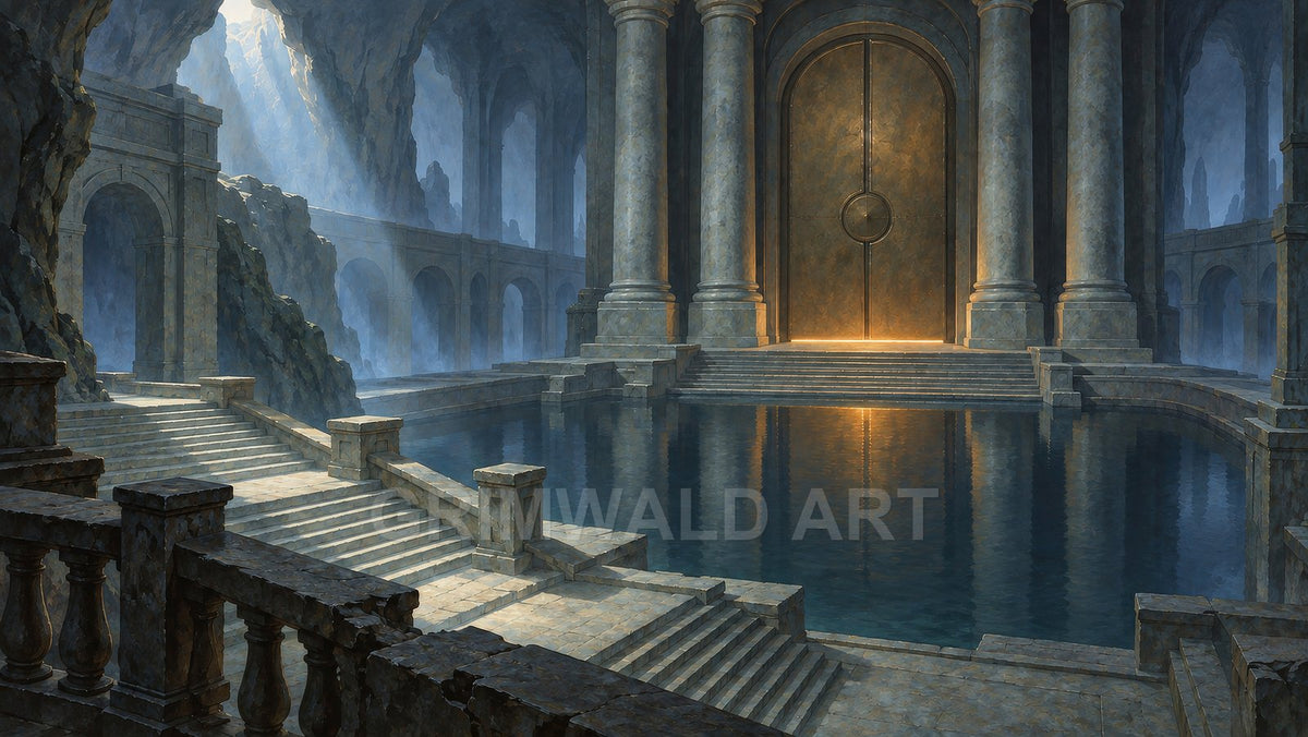 Grand subterranean temple with stone columns, sweeping stairs, and a reflective pool before a colossal golden door glowing with light shafts.