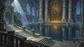 GRID THUMBNAIL — Grand subterranean temple with stone columns, sweeping stairs, and a reflective pool before a colossal golden door glowing with light shafts.