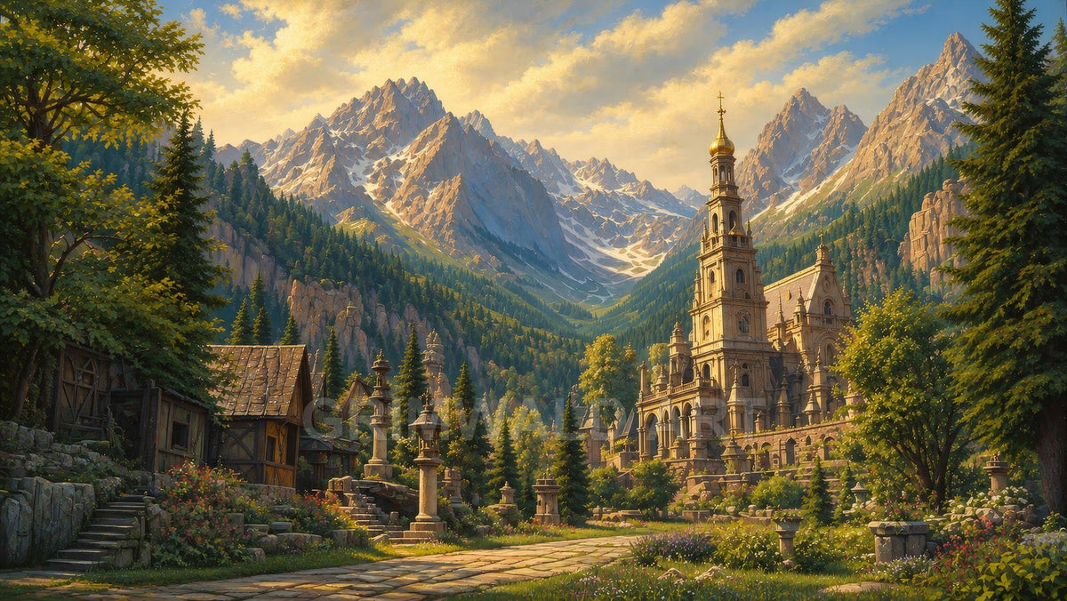 Grand stone abbey with tall spires in a flowered mountain valley, framed by pine forests and snow-capped peaks during warm golden hour light.