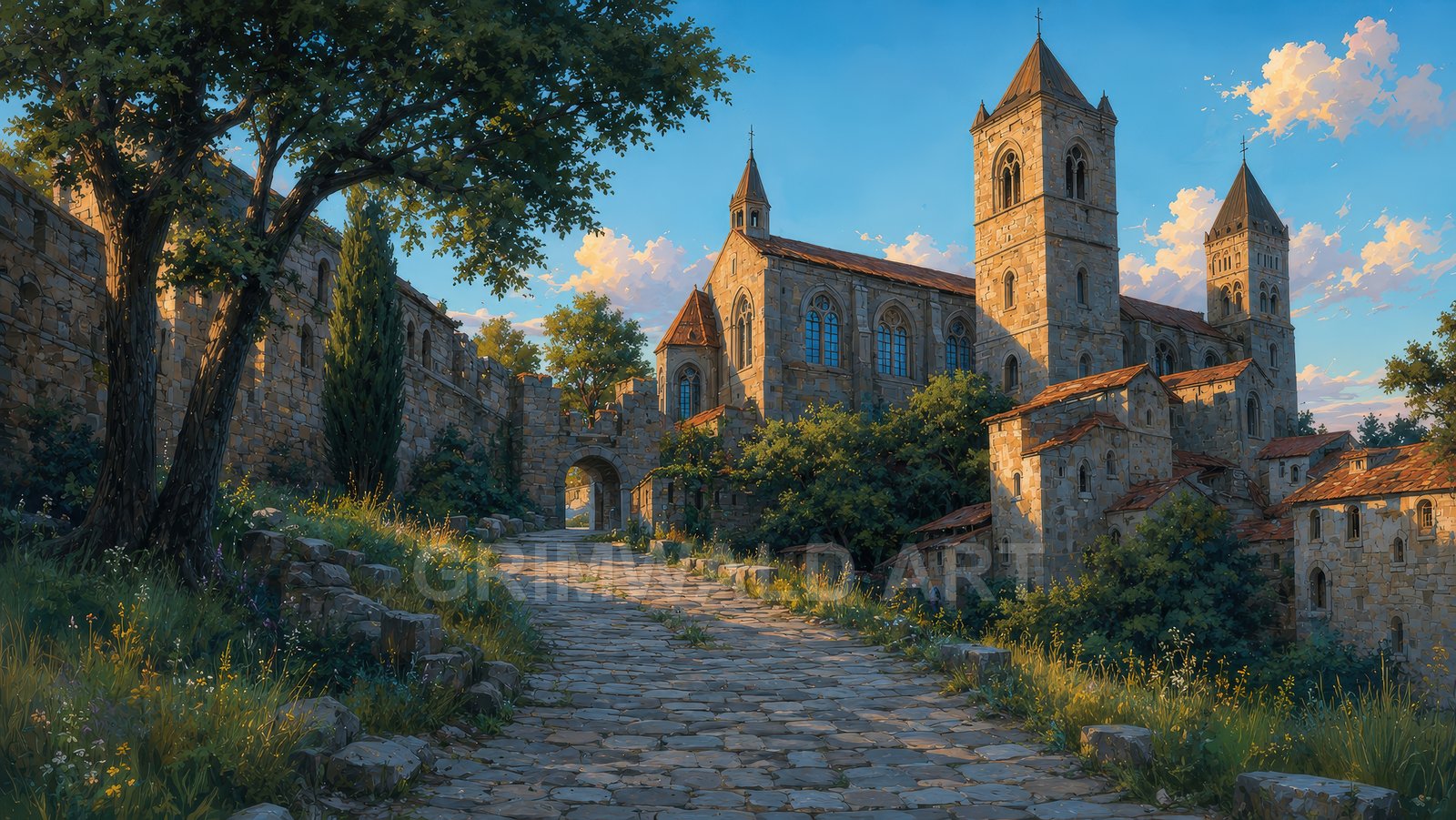 Golden hour light bathes a medieval stone abbey with towers beside a cobbled path, wildflowers and trees under a blue sky with soft clouds.