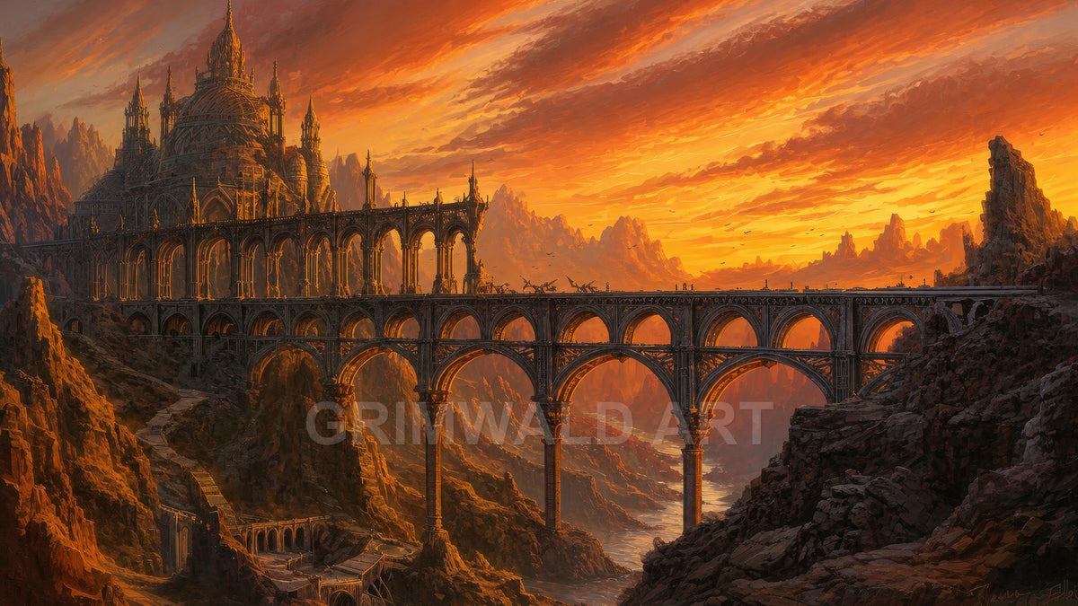 Vast arched stone bridge leading to a domed castle among rugged mountains at sunset, with a winding river below and golden-orange sky.