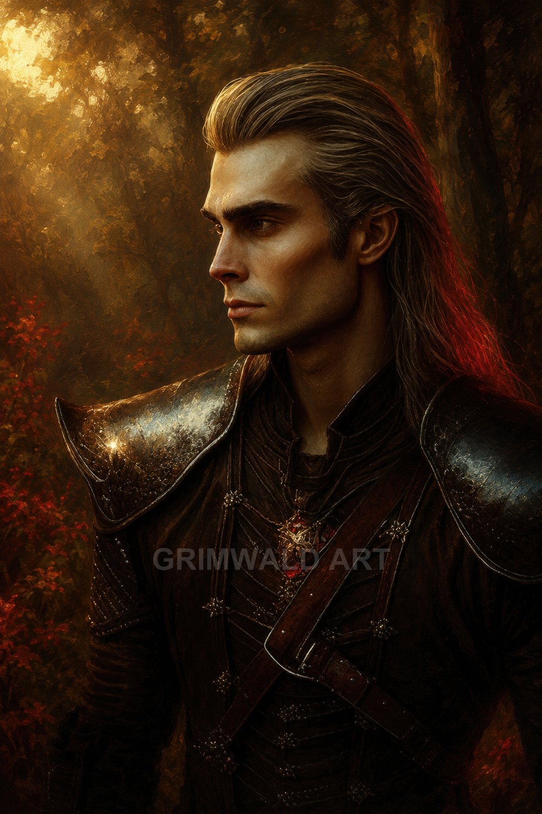 Portrait of a long-haired male warrior in dark leather and steel armour, lit by golden forest sunlight, with red foliage and soft atmospheric background.