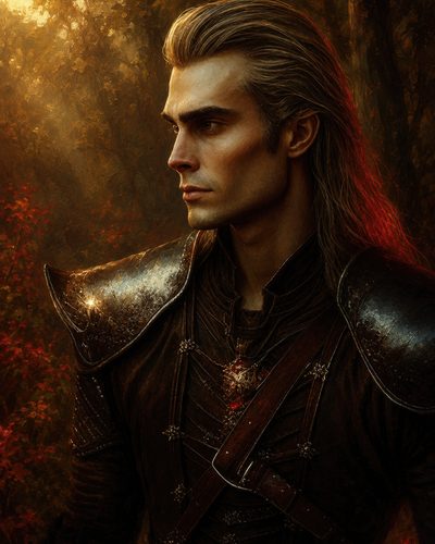 GRID THUMBNAIL — Portrait of a long-haired male warrior in dark leather and steel armour, lit by golden forest sunlight, with red foliage and soft atmospheric background.