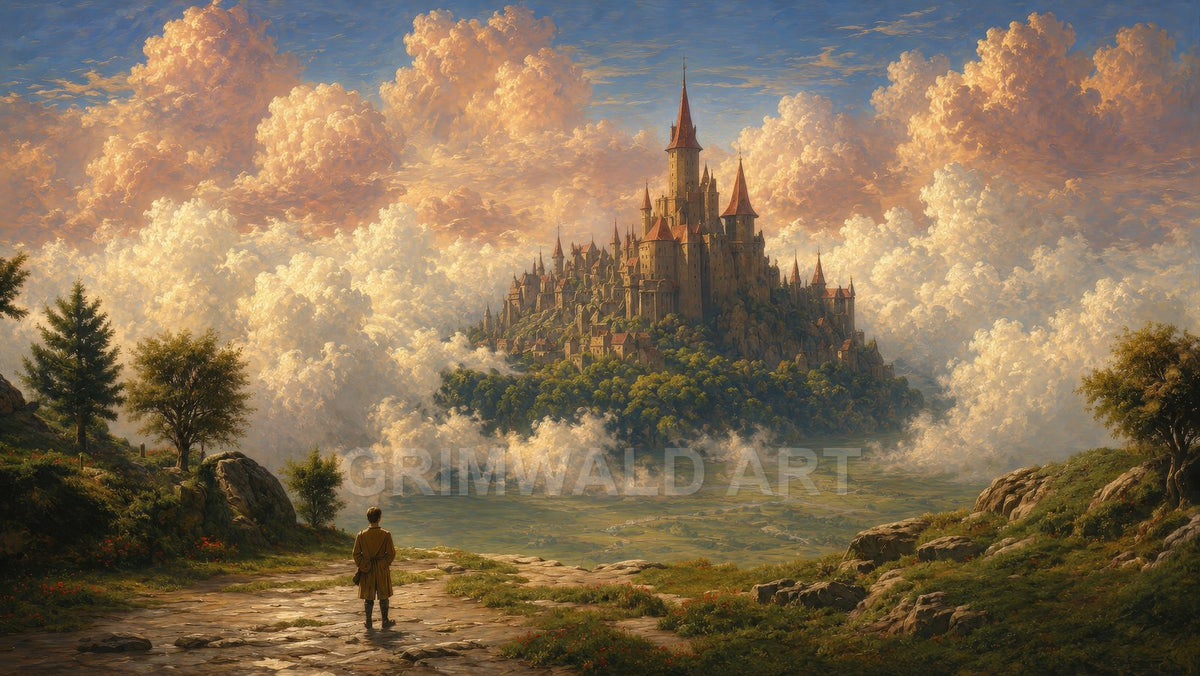 Fantasy landscape of a sunlit hilltop castle emerging from vast golden clouds, seen from a rocky path with trees and a lone traveller.