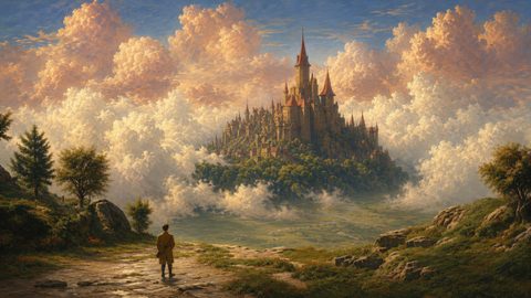GRID THUMBNAIL — Fantasy landscape of a sunlit hilltop castle emerging from vast golden clouds, seen from a rocky path with trees and a lone traveller.