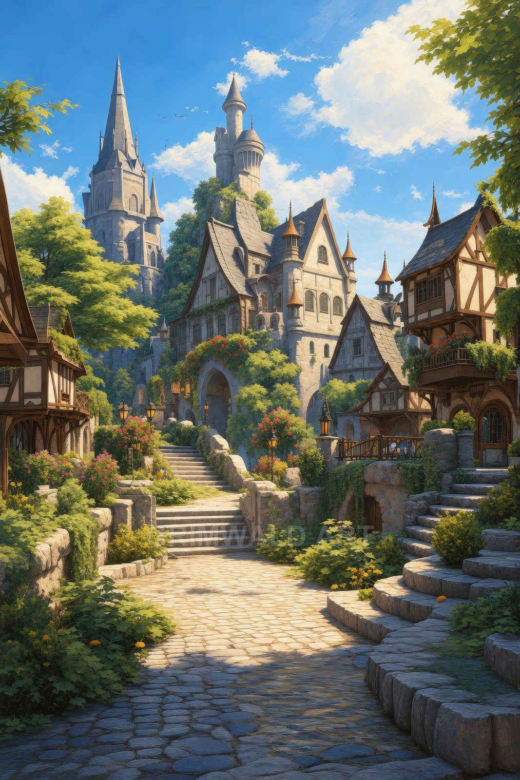A sunlit cobbled stairway winds through a lush medieval-style village with timbered houses, lanterns, and distant castle towers beneath a bright blue sky.
