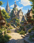GRID THUMBNAIL — A sunlit cobbled stairway winds through a lush medieval-style village with timbered houses, lanterns, and distant castle towers beneath a bright blue sky.