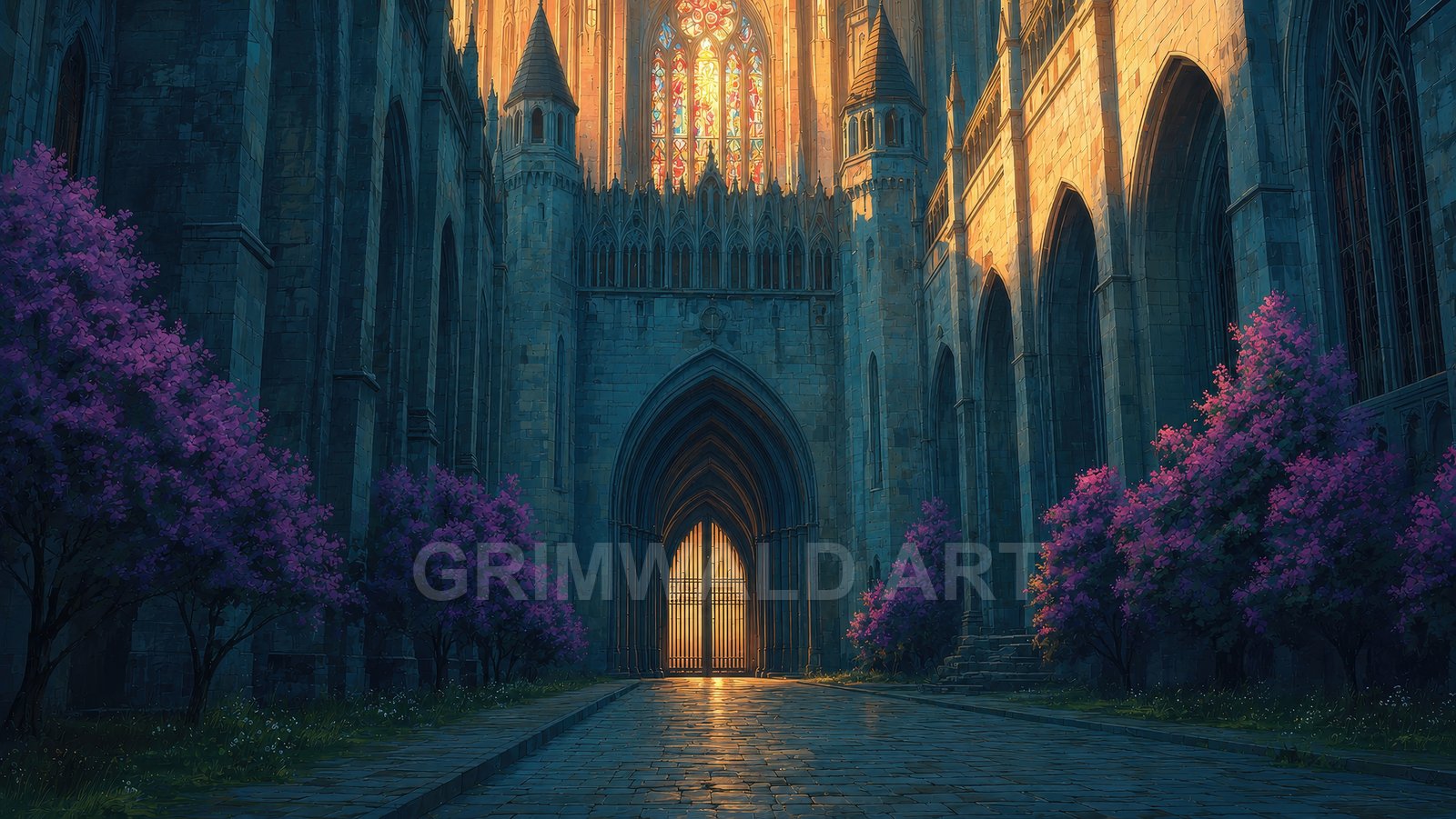 Sunlit Cathedral Gate Among Violet Blossoms – Retro Fantasy Landscape Art