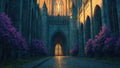 GRID THUMBNAIL — Wide view of a grand gothic cathedral courtyard with stained-glass window aglow, arched doorway, cobblestone path, and purple flowering trees at dusk.