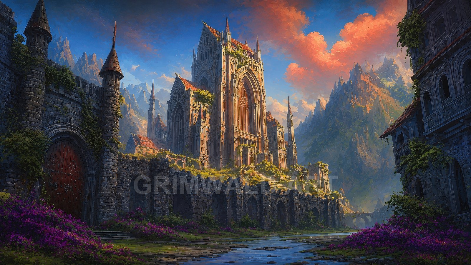 Grand Gothic cathedral within ivy-covered stone walls, glowing at golden hour, set in a mountain valley beside a shallow river and purple flowers.