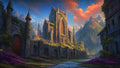 GRID THUMBNAIL — Grand Gothic cathedral within ivy-covered stone walls, glowing at golden hour, set in a mountain valley beside a shallow river and purple flowers.
