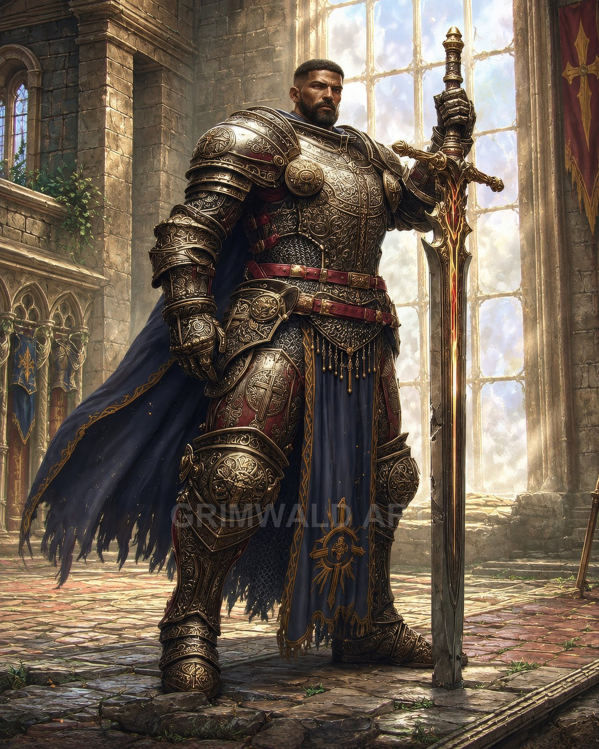 A heavily armoured paladin in gold plate and blue cloak rests a greatsword inside a sunlit cathedral, banners and tall windows behind.