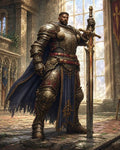 GRID THUMBNAIL — A heavily armoured paladin in gold plate and blue cloak rests a greatsword inside a sunlit cathedral, banners and tall windows behind.