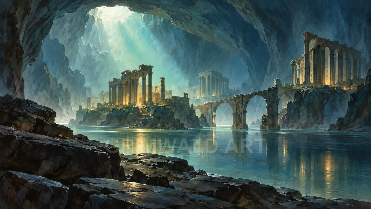 Vast cave with tranquil blue water, sunbeams illuminating grand colonnaded ruins and arched bridges, warm golden lights glowing across rocky ledges.
