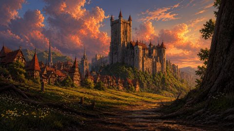 GRID THUMBNAIL — Grand stone castle crowns a forested hill above a medieval timber-framed village at golden hour, beneath dramatic orange clouds and a winding dirt path.