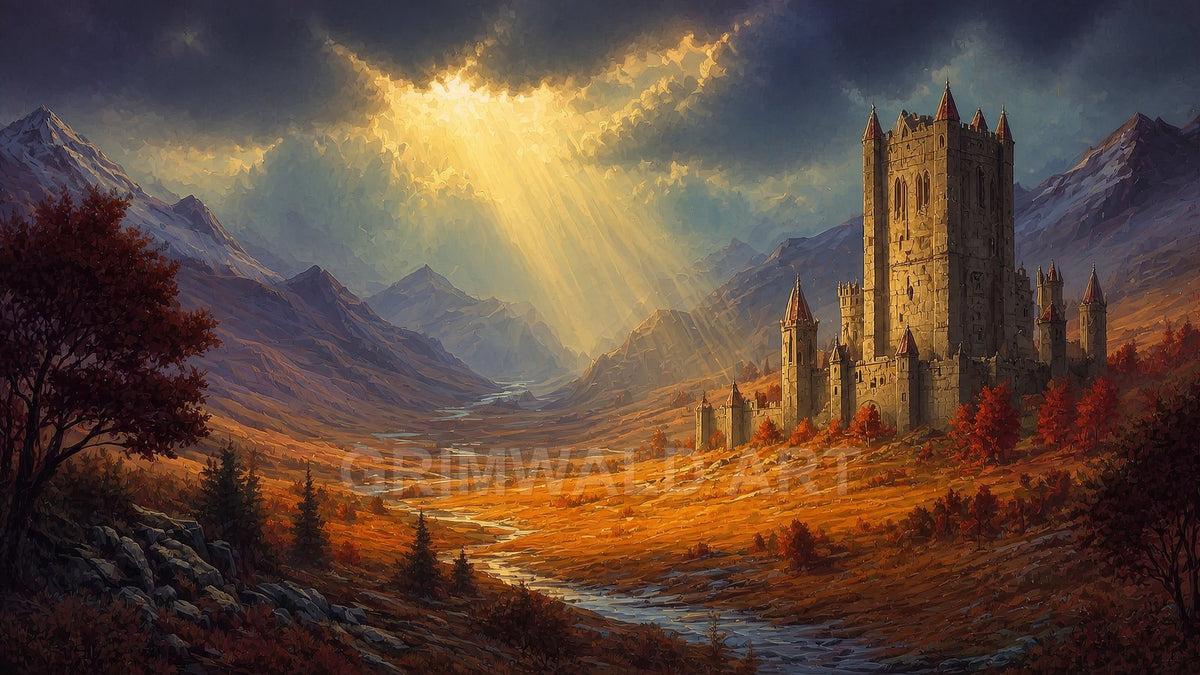A grand stone castle rises above an autumn valley, mountains beyond, while golden sunbeams break through dark clouds onto a winding river.