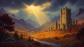 GRID THUMBNAIL — A grand stone castle rises above an autumn valley, mountains beyond, while golden sunbeams break through dark clouds onto a winding river.
