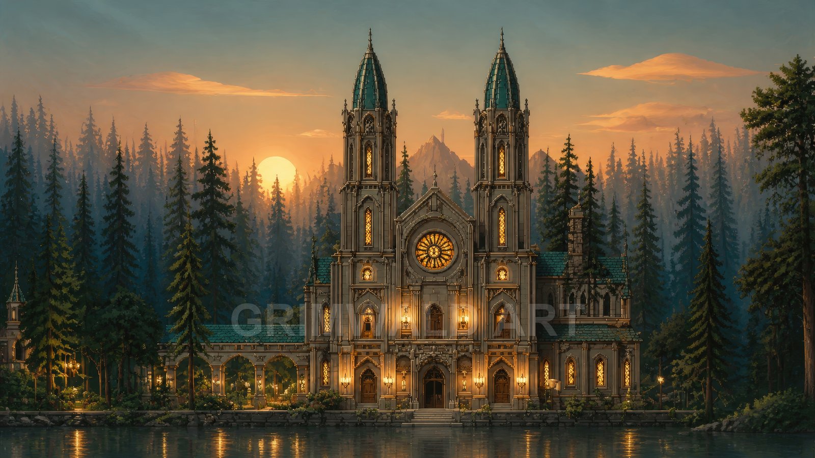 Gothic cathedral with twin spires by a tranquil forest lake at sunset, warm windows glowing, pine trees and mountains silhouetted.