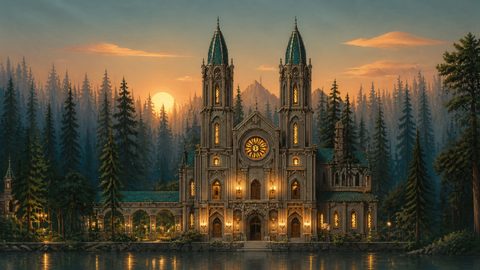 GRID THUMBNAIL — Gothic cathedral with twin spires by a tranquil forest lake at sunset, warm windows glowing, pine trees and mountains silhouetted.