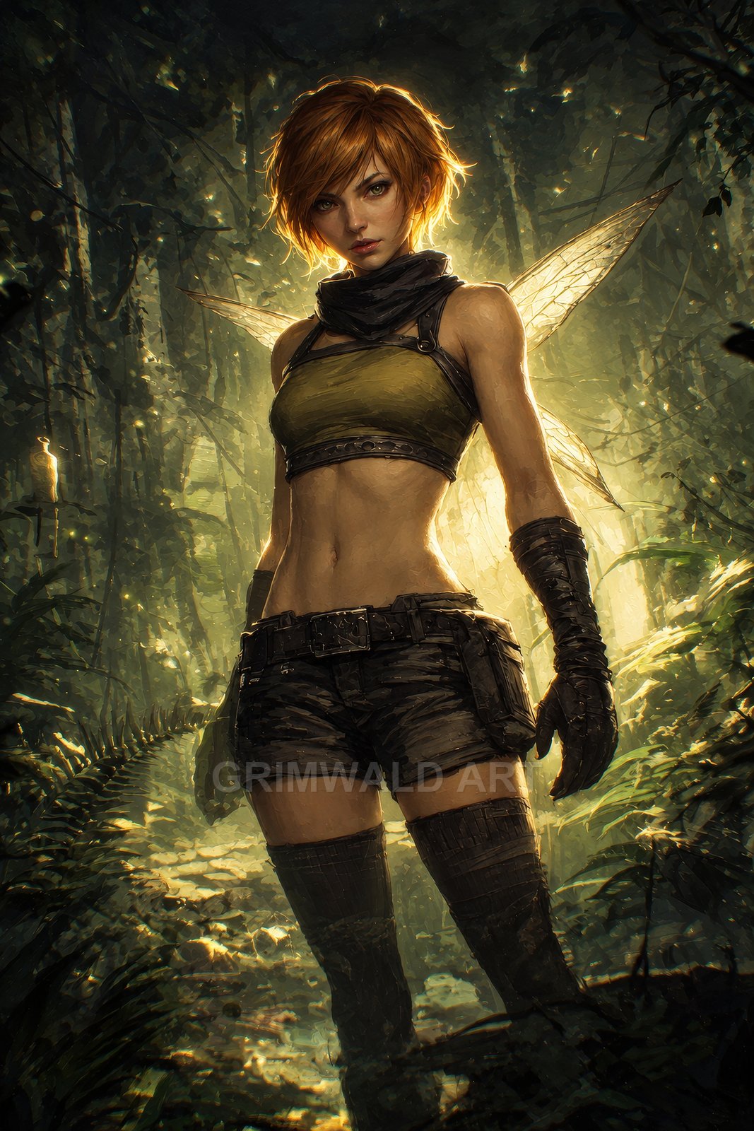 Athletic female fairy with translucent wings stands in a sunlit forest clearing, short red hair, tactical clothing, gloves and thigh-highs, backlit golden glow.