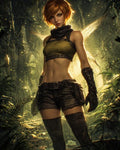 GRID THUMBNAIL — Athletic female fairy with translucent wings stands in a sunlit forest clearing, short red hair, tactical clothing, gloves and thigh-highs, backlit golden glow.