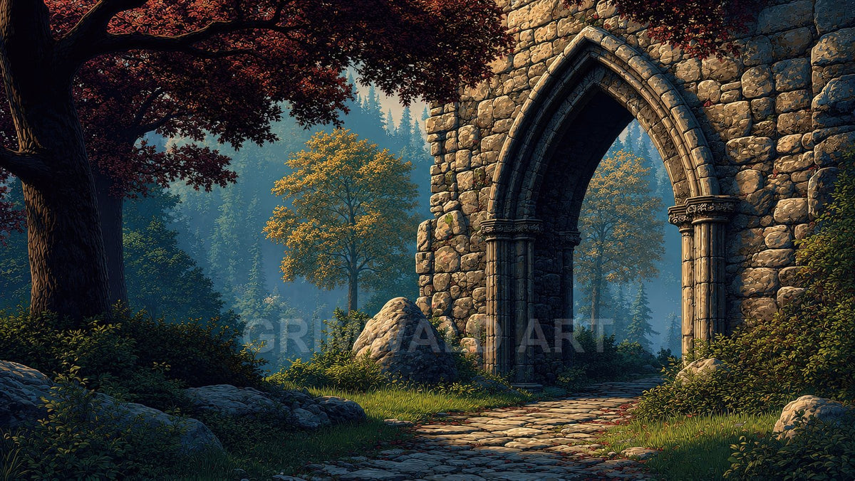 Ancient stone arch stands beside a cobbled path in a tranquil forest, dappled golden light on mossy rocks and autumn-tinted trees.
