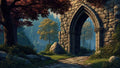 GRID THUMBNAIL — Ancient stone arch stands beside a cobbled path in a tranquil forest, dappled golden light on mossy rocks and autumn-tinted trees.