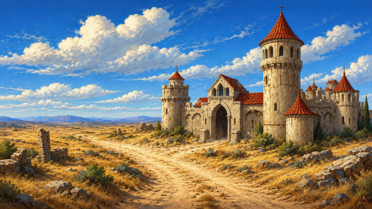A red-roofed stone castle with round towers beside a dusty track, under a vast blue sky above a dry, golden plain.