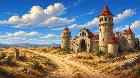 GRID THUMBNAIL — A red-roofed stone castle with round towers beside a dusty track, under a vast blue sky above a dry, golden plain.
