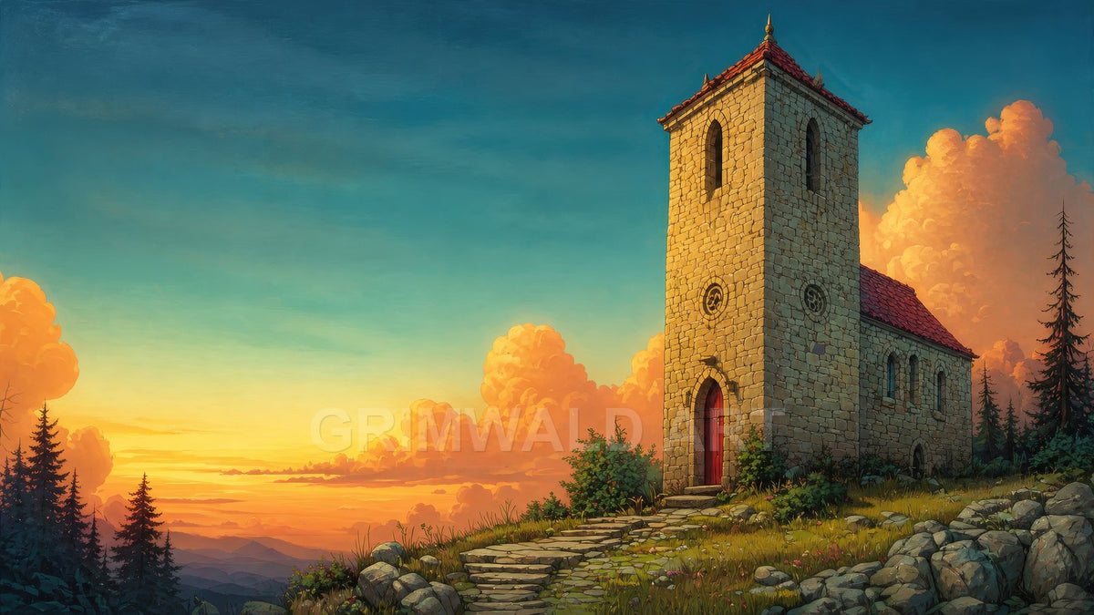 A stone hilltop chapel with red door and tower stands above pine forests and distant mountains at sunset, beneath teal sky and glowing clouds.