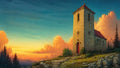 GRID THUMBNAIL — A stone hilltop chapel with red door and tower stands above pine forests and distant mountains at sunset, beneath teal sky and glowing clouds.