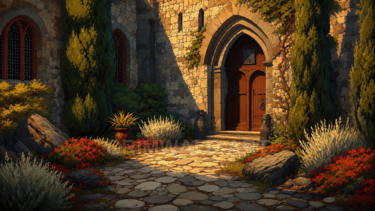 Sunlit stone castle facade with arched wooden doors, cobblestone courtyard, cypress trees, red flowers and ivy, in warm late-afternoon light.