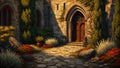 GRID THUMBNAIL — Sunlit stone castle facade with arched wooden doors, cobblestone courtyard, cypress trees, red flowers and ivy, in warm late-afternoon light.
