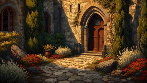 GRID THUMBNAIL — Sunlit stone castle facade with arched wooden doors, cobblestone courtyard, cypress trees, red flowers and ivy, in warm late-afternoon light.