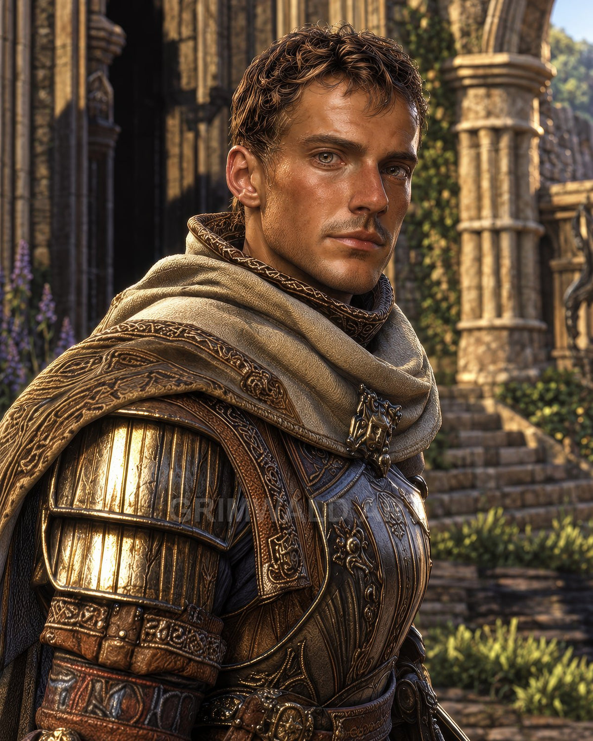 Armoured male knight in ornate gold and steel with a cloak, standing in a sunlit castle courtyard with ivy-clad arches and stone steps.