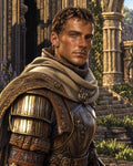 GRID THUMBNAIL — Armoured male knight in ornate gold and steel with a cloak, standing in a sunlit castle courtyard with ivy-clad arches and stone steps.