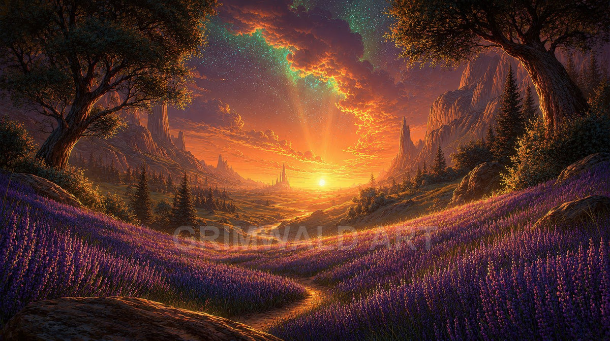 Retro fantasy landscape of purple lavender fields and a winding path leading to a distant castle at golden sunset beneath starry clouds and mountains.