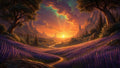 GRID THUMBNAIL — Retro fantasy landscape of purple lavender fields and a winding path leading to a distant castle at golden sunset beneath starry clouds and mountains.