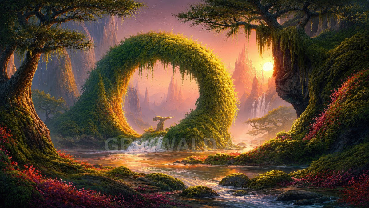 A glowing sunset illuminates a moss-covered circular arch above a winding river, framed by ancient trees, waterfalls, and misty spires.