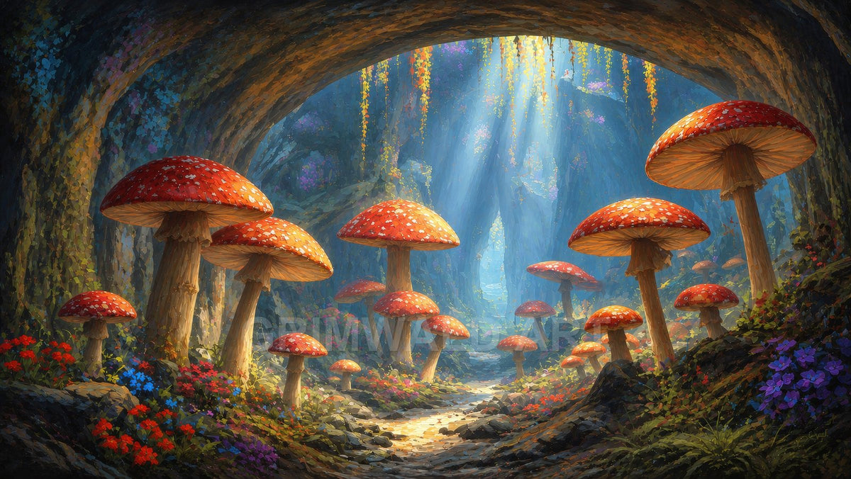 A cavern-like forest glade filled with towering red-capped mushrooms, wildflowers and vines, sunbeams streaming through openings along a winding stone path.