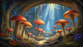 GRID THUMBNAIL — A cavern-like forest glade filled with towering red-capped mushrooms, wildflowers and vines, sunbeams streaming through openings along a winding stone path.