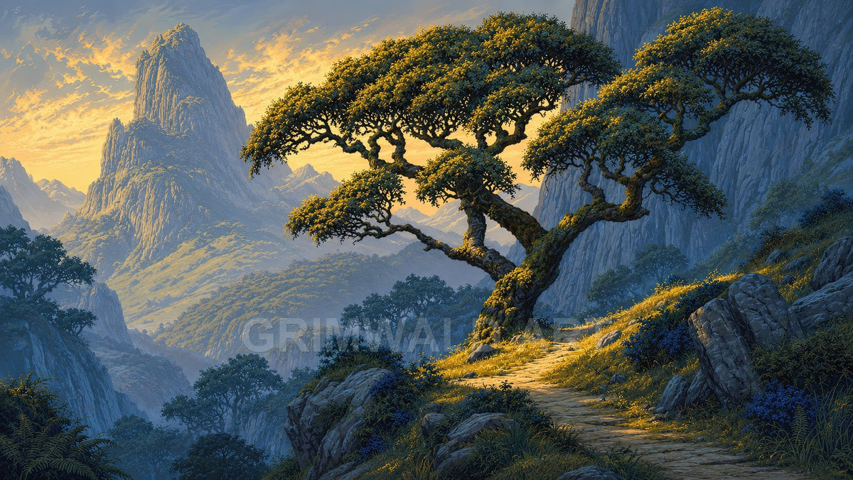 A sunlit mountain path curves beneath a twisted old tree, overlooking layered rocky peaks and forested valleys under a golden, cloud-streaked sky.