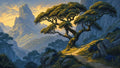 GRID THUMBNAIL — A sunlit mountain path curves beneath a twisted old tree, overlooking layered rocky peaks and forested valleys under a golden, cloud-streaked sky.