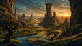 GRID THUMBNAIL — Golden-hour sun over a winding river through mossy islets and towering rock spires, with gnarled trees and dramatic clouds in a fantasy valley.